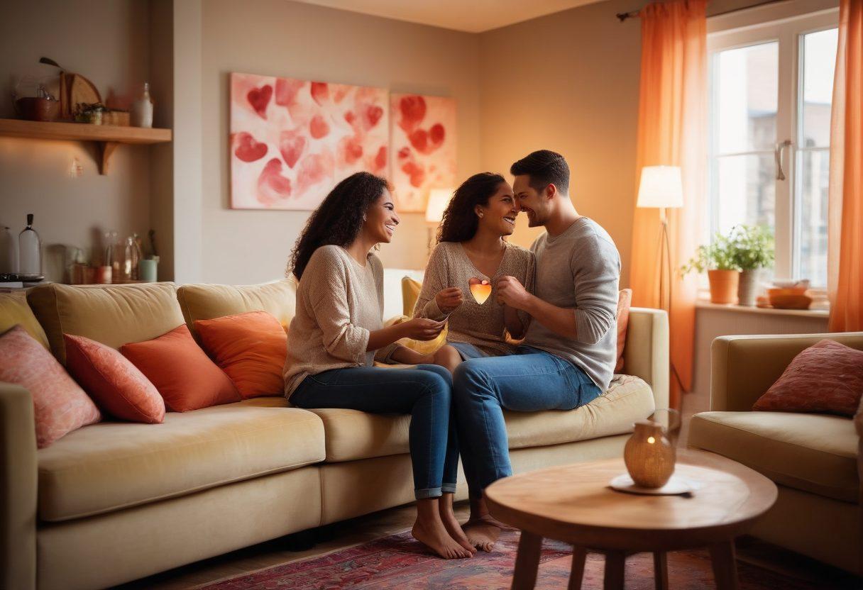 A warm, inviting scene of a couple engaged in a joyful activity, such as cooking together or dancing in their living room, with soft lighting that highlights their smiles and connection. Incorporate elements like cozy furnishings and symbols of love, such as heart shapes or intertwined hands, to emphasize partnership and devotion. The atmosphere should exude warmth and intimacy, inviting the viewer to reflect on their own relationships. vibrant colors. soft focus.