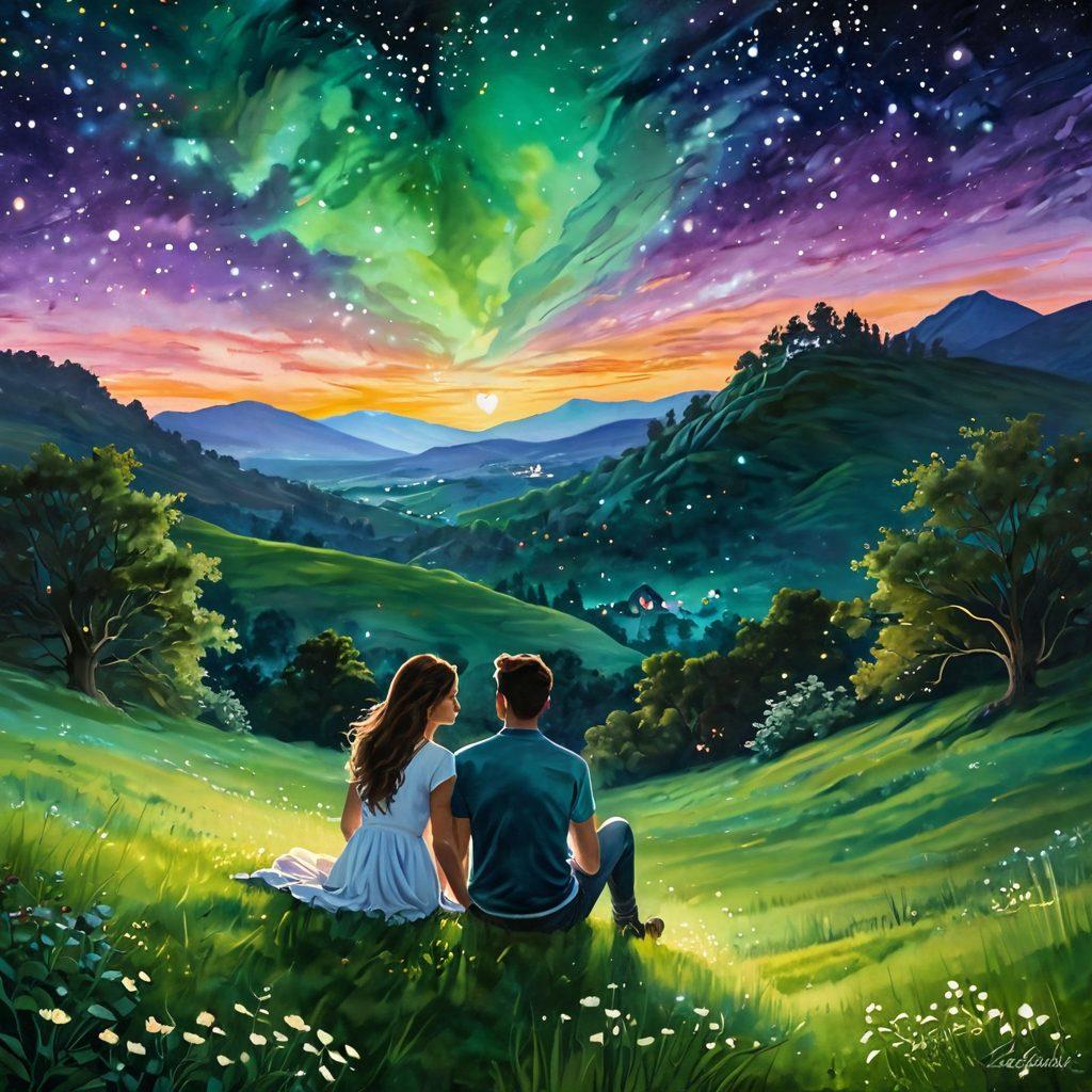 A romantic scene of a couple sitting on a lush green hill under a starlit sky, surrounded by soft glowing hearts representing emotional connections. The couple is sharing a tender moment, with soft lights subtly illuminating their faces. In the background, vibrant nature elements symbolize growth and harmony. Enchanting colors of twilight enhance the ambiance. painting. vibrant colors. dreamlike atmosphere.