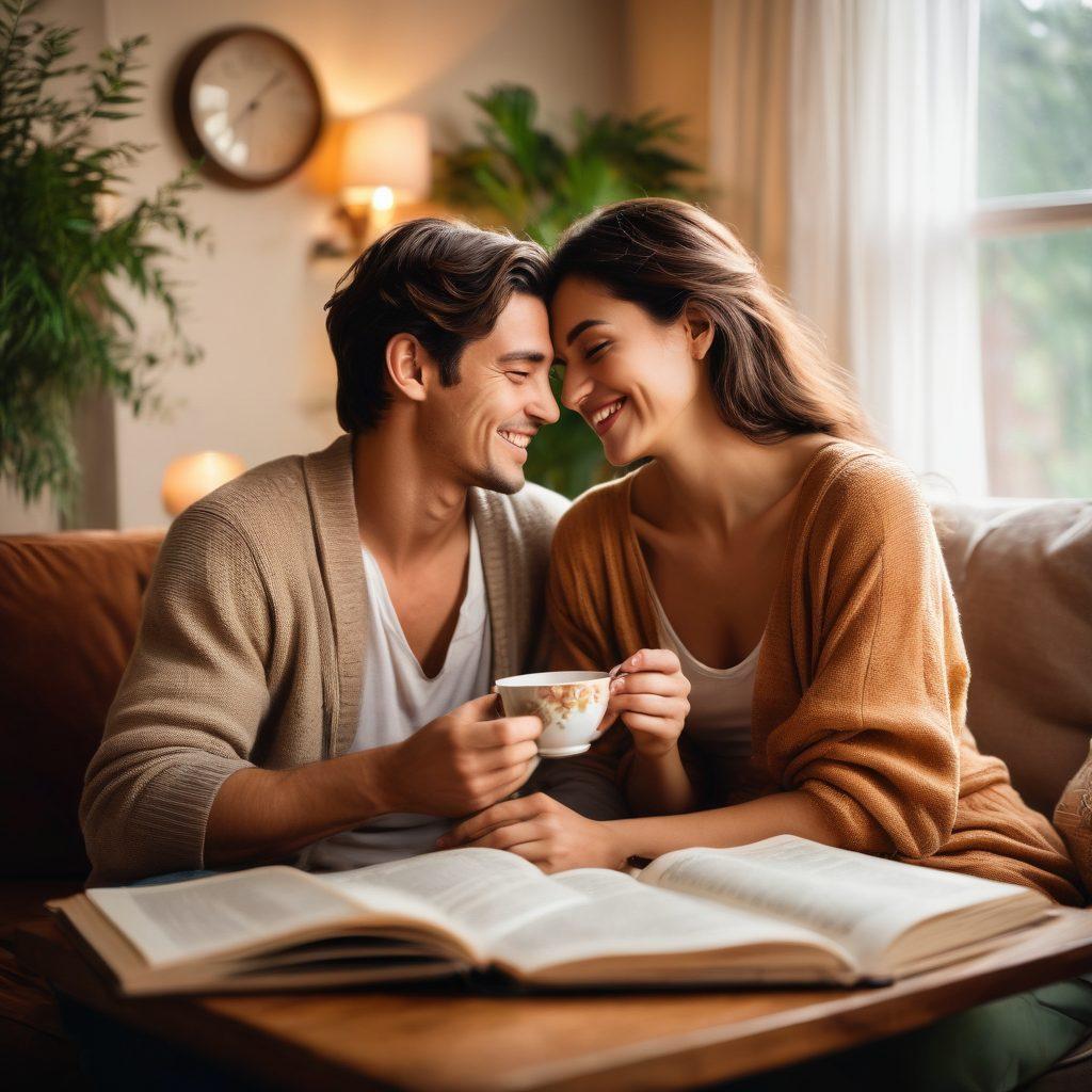 A warm, inviting scene of a couple sharing a heartfelt moment in a cozy living room, surrounded by soft lighting and personal mementos that symbolize their journey together. Include elements like a steaming cup of tea, open books, and a vibrant plant to promote a sense of nurturing and connection. The couple should reflect diverse backgrounds, smiling and looking into each other's eyes. Artistic style emulates a romantic painting with warm colors and gentle brush strokes.